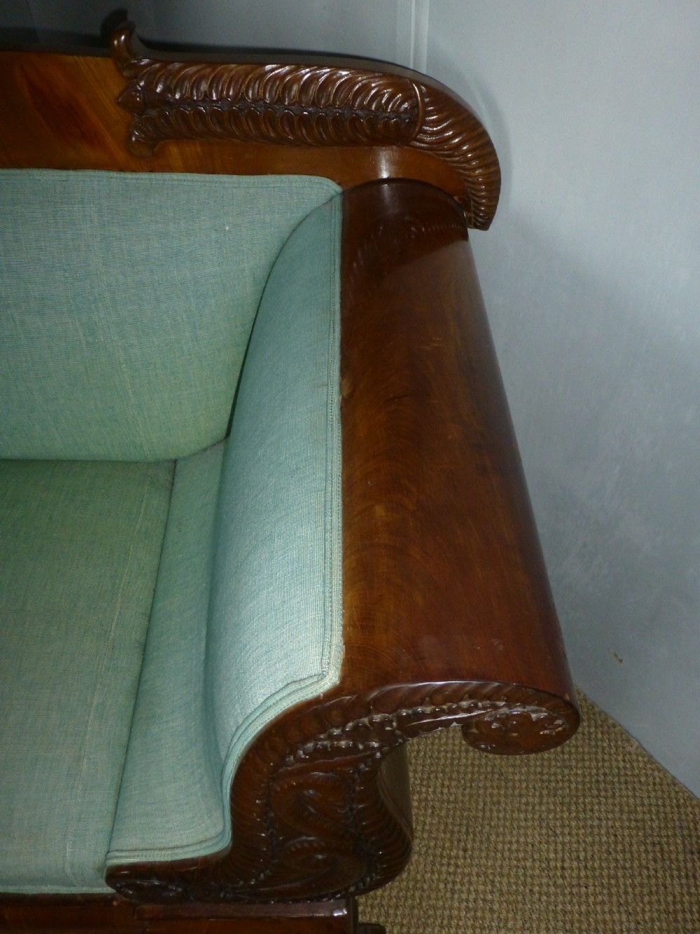  Stunning quality Regency Georgian Biedermeier design mahogany upholstered large sofa settee chaise. C.1820 View V