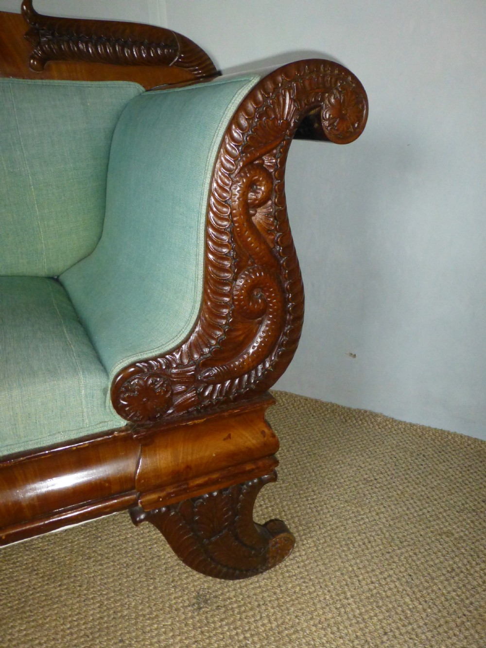  Stunning quality Regency Georgian Biedermeier design mahogany upholstered large sofa settee chaise. C.1820 View VII
