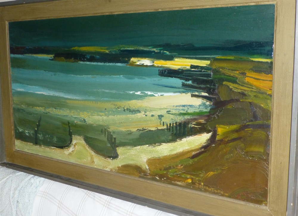 A large mid-century framed oil painting depicting a coastal landscape with groynes along Amroth beach in tones of teal green and earth brown.
