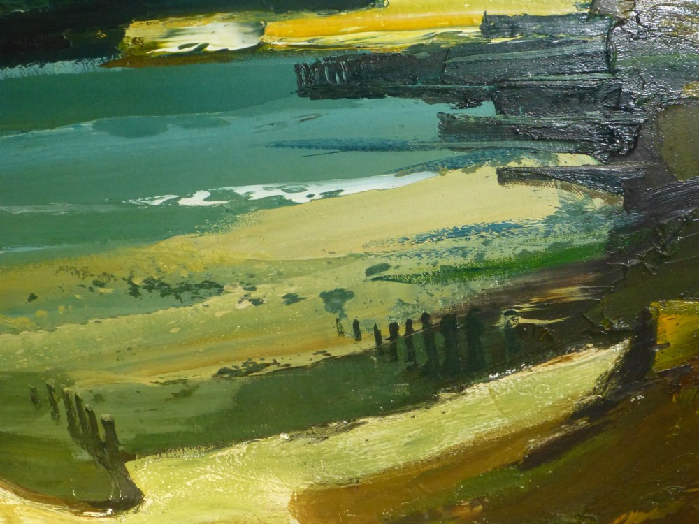 A large mid-century framed oil painting depicting a coastal landscape with groynes along Amroth beach in tones of teal green and earth brown. View II