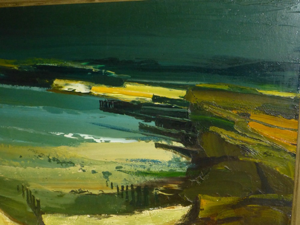 A large mid-century framed oil painting depicting a coastal landscape with groynes along Amroth beach in tones of teal green and earth brown. View III