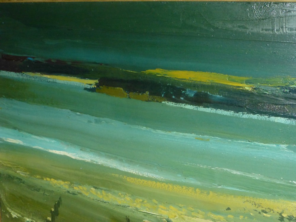 A large mid-century framed oil painting depicting a coastal landscape with groynes along Amroth beach in tones of teal green and earth brown. View IV