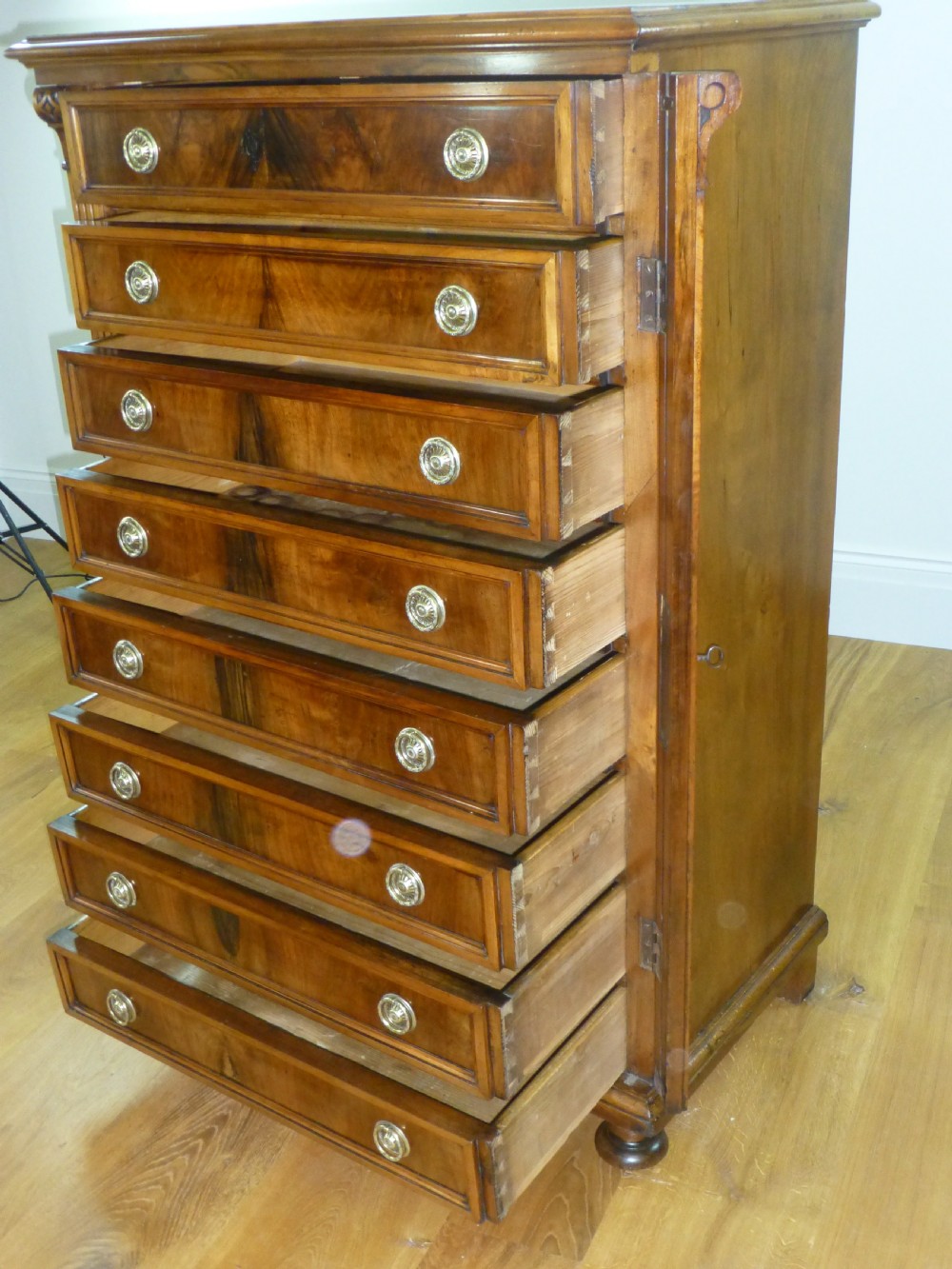 Superb quality figured walnut wellington narrow tall filing chest of drawers. C1870 View III