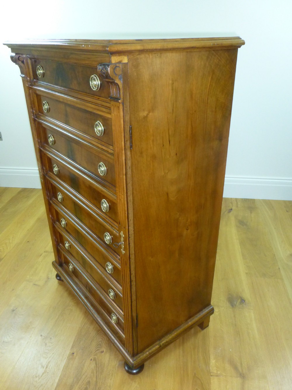 Superb quality figured walnut wellington narrow tall filing chest of drawers. C1870 View V