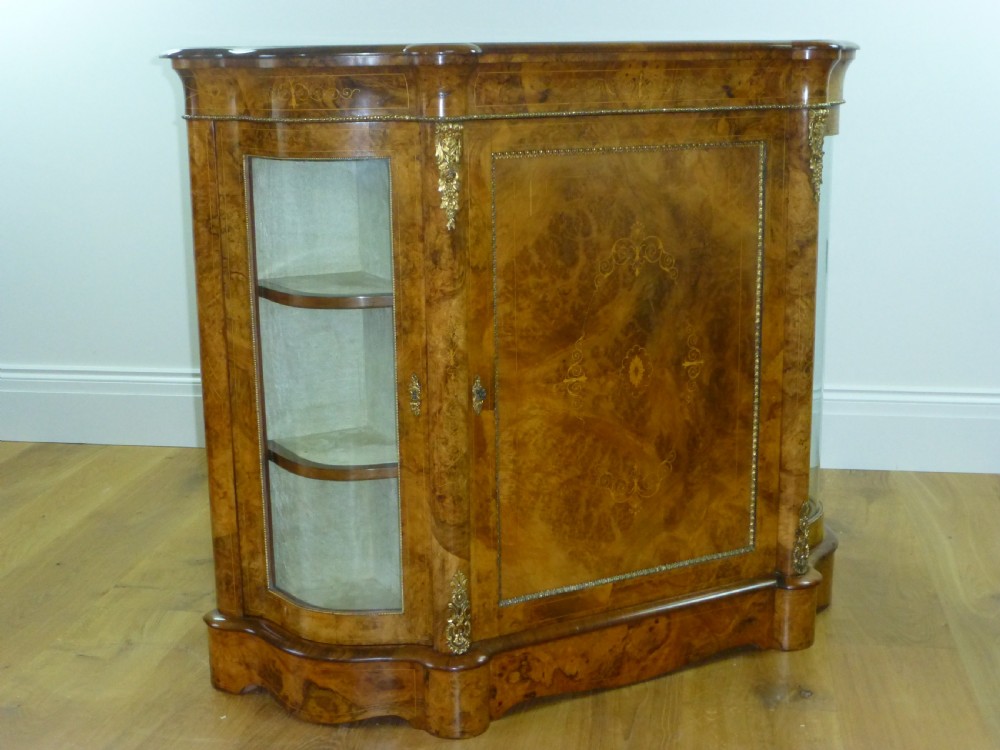 Antique superior small serpentine shaped burr walnut inlaid walnut side cabinet credenza sideboard chiffonier pier console table View II