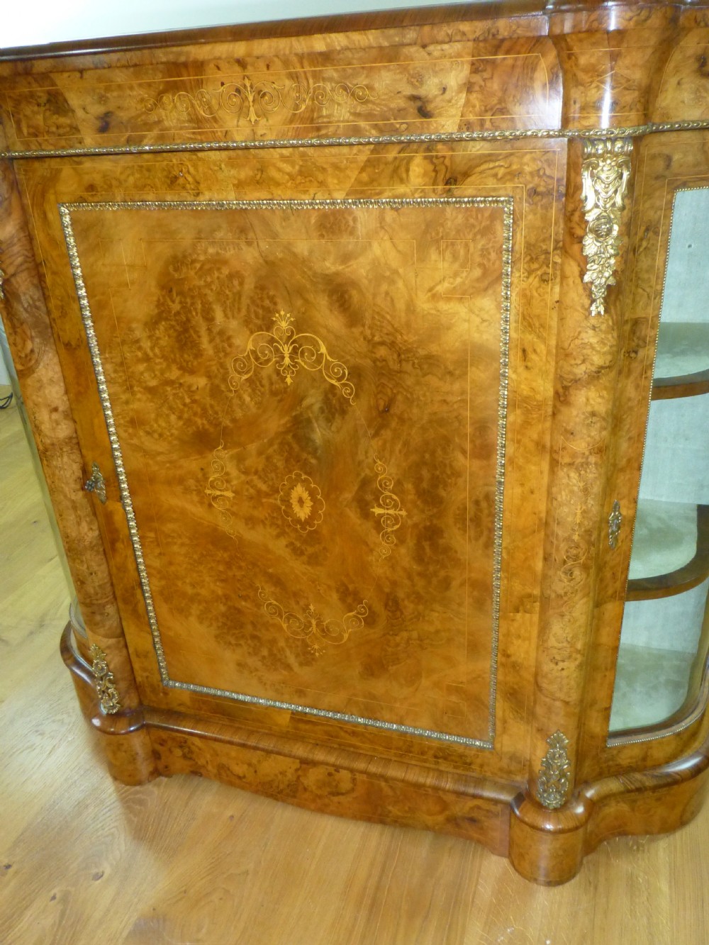 Antique superior small serpentine shaped burr walnut inlaid walnut side cabinet credenza sideboard chiffonier pier console table View VIII