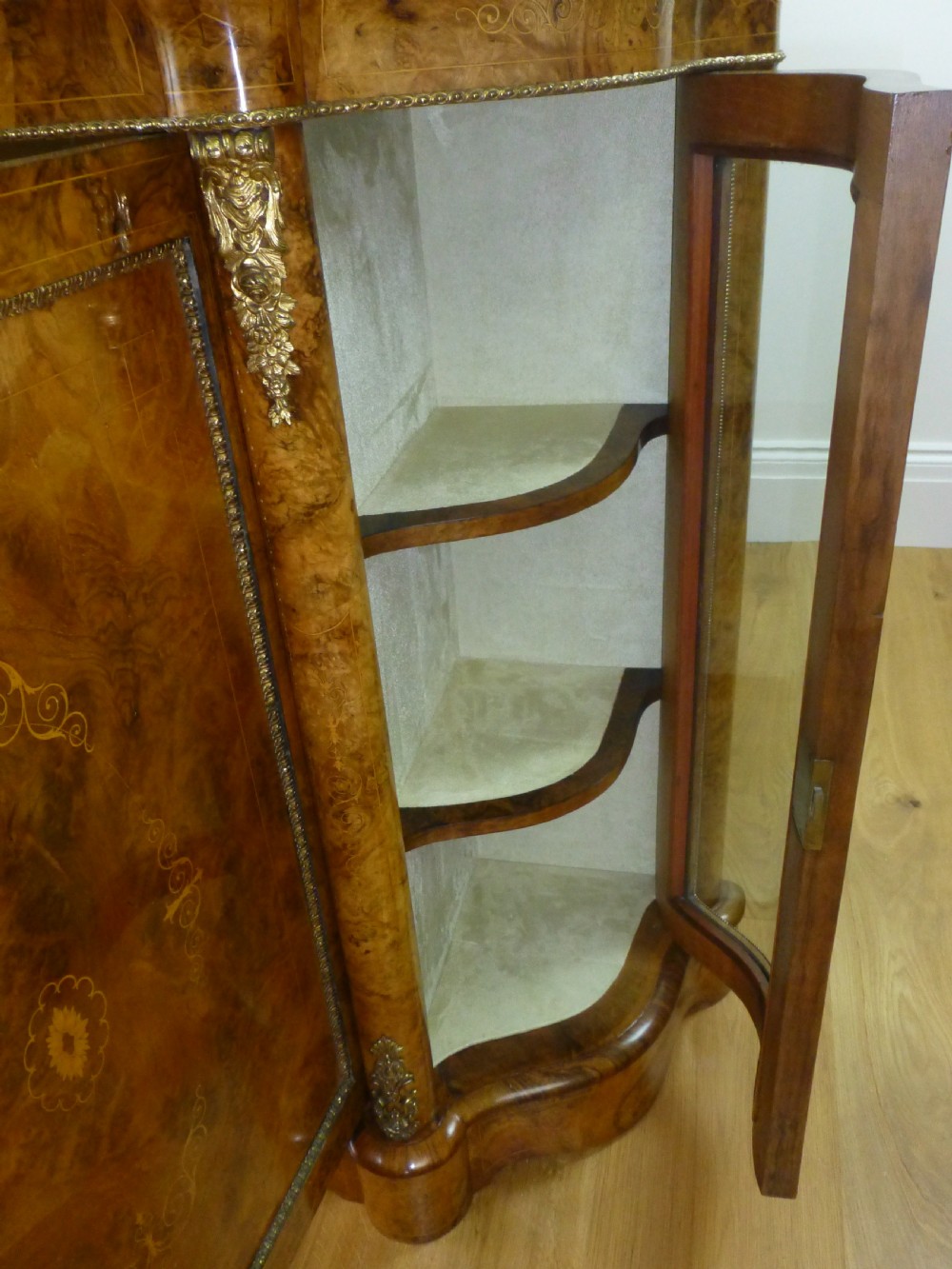 Antique superior small serpentine shaped burr walnut inlaid walnut side cabinet credenza sideboard chiffonier pier console table View X