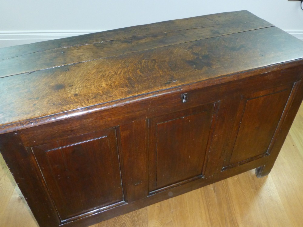 A small early 18th century Welsh triple panel oak coffer View II