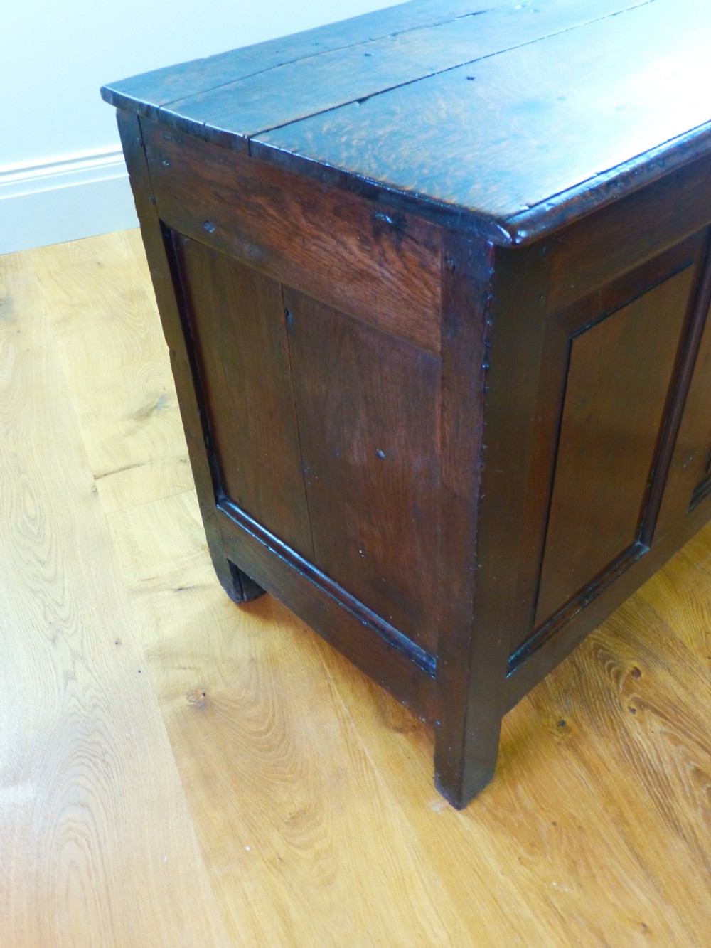 A small early 18th century Welsh triple panel oak coffer View III