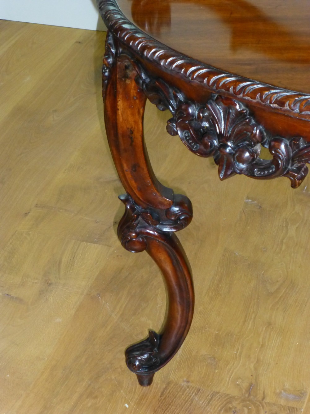 A great quality carved small mahogany demi lune  half moon hall console pier side lamp semi circular table. C1860 View V