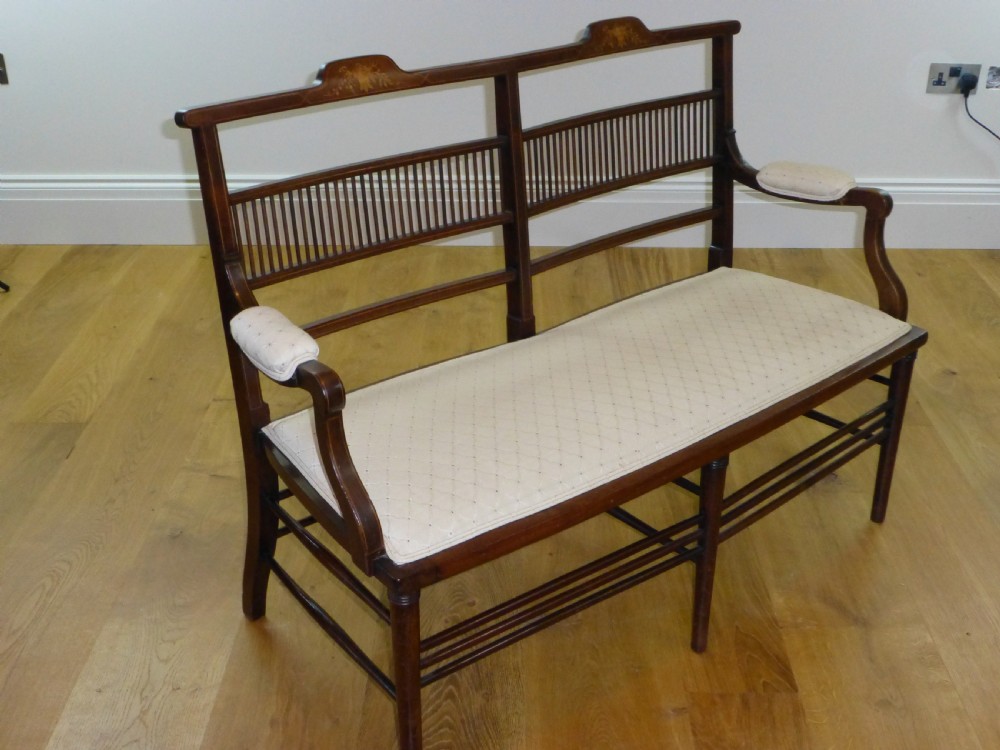 Mahogany inlaid Edwardian upholstered cameo double twin  two seat bedroom seater sofa settee armchair