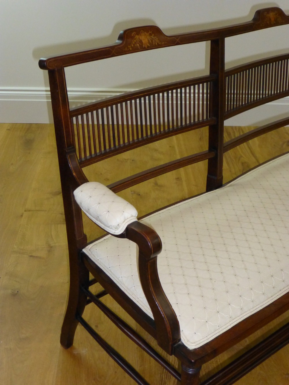 Mahogany inlaid Edwardian upholstered cameo double twin  two seat bedroom seater sofa settee armchair View III