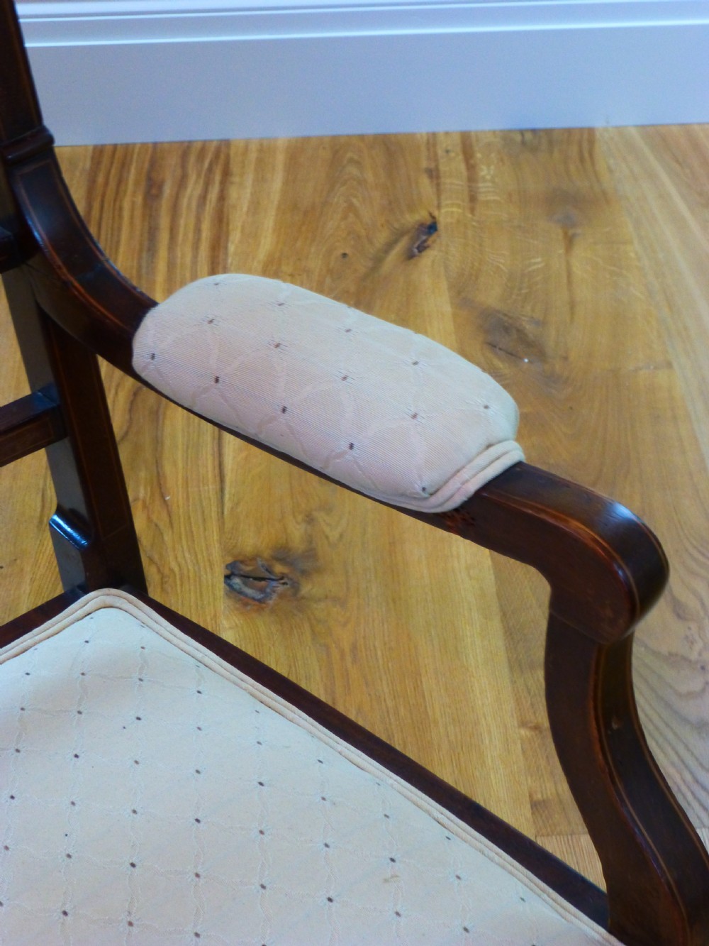 Mahogany inlaid Edwardian upholstered cameo double twin  two seat bedroom seater sofa settee armchair View V