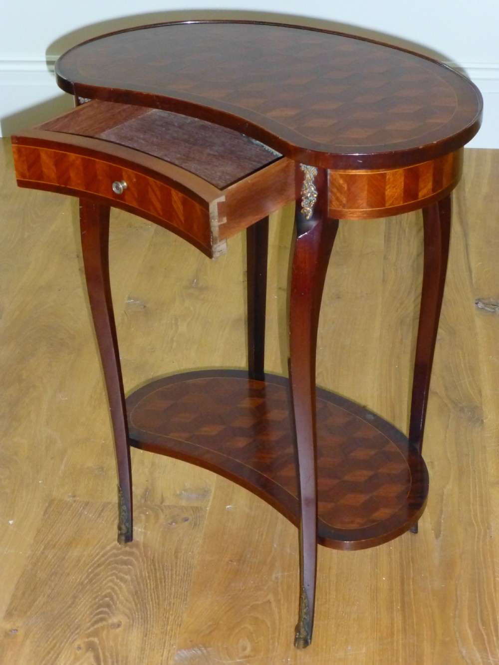 French parquetry small inlaid  bronze mounted kidney shaped occasional lamp side hall table. C1890. View II