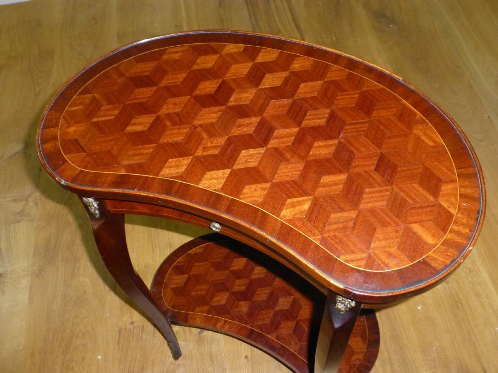 French parquetry small inlaid  bronze mounted kidney shaped occasional lamp side hall table. C1890. View III