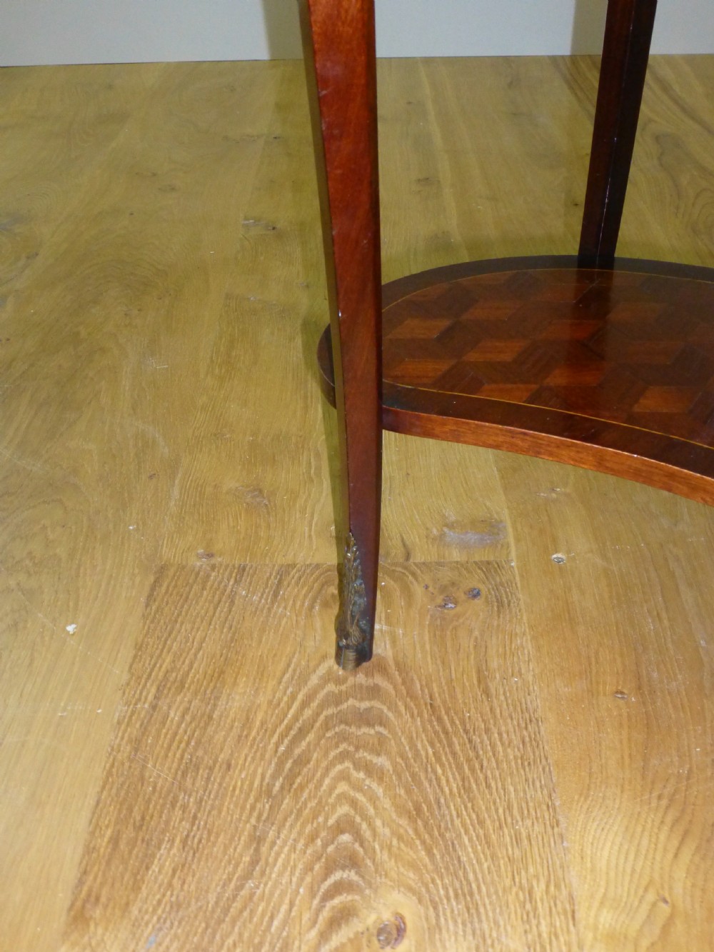 French parquetry small inlaid  bronze mounted kidney shaped occasional lamp side hall table. C1890. View IV
