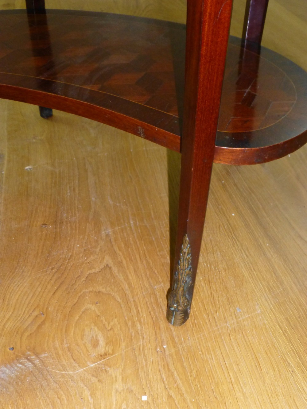French parquetry small inlaid  bronze mounted kidney shaped occasional lamp side hall table. C1890. View V