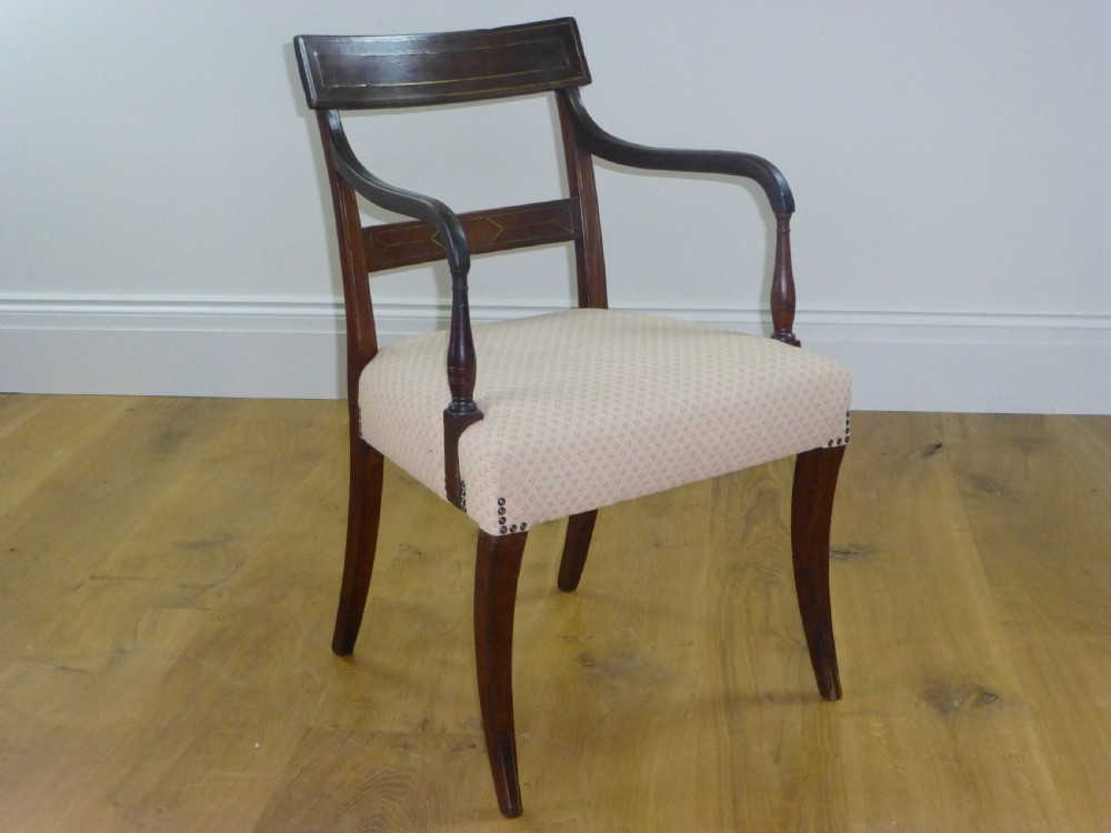 Regency Georgian mahogany brass inlaid desk elbow open hall bedroom dressing table occasional tub office library armchair chair. C.1810.