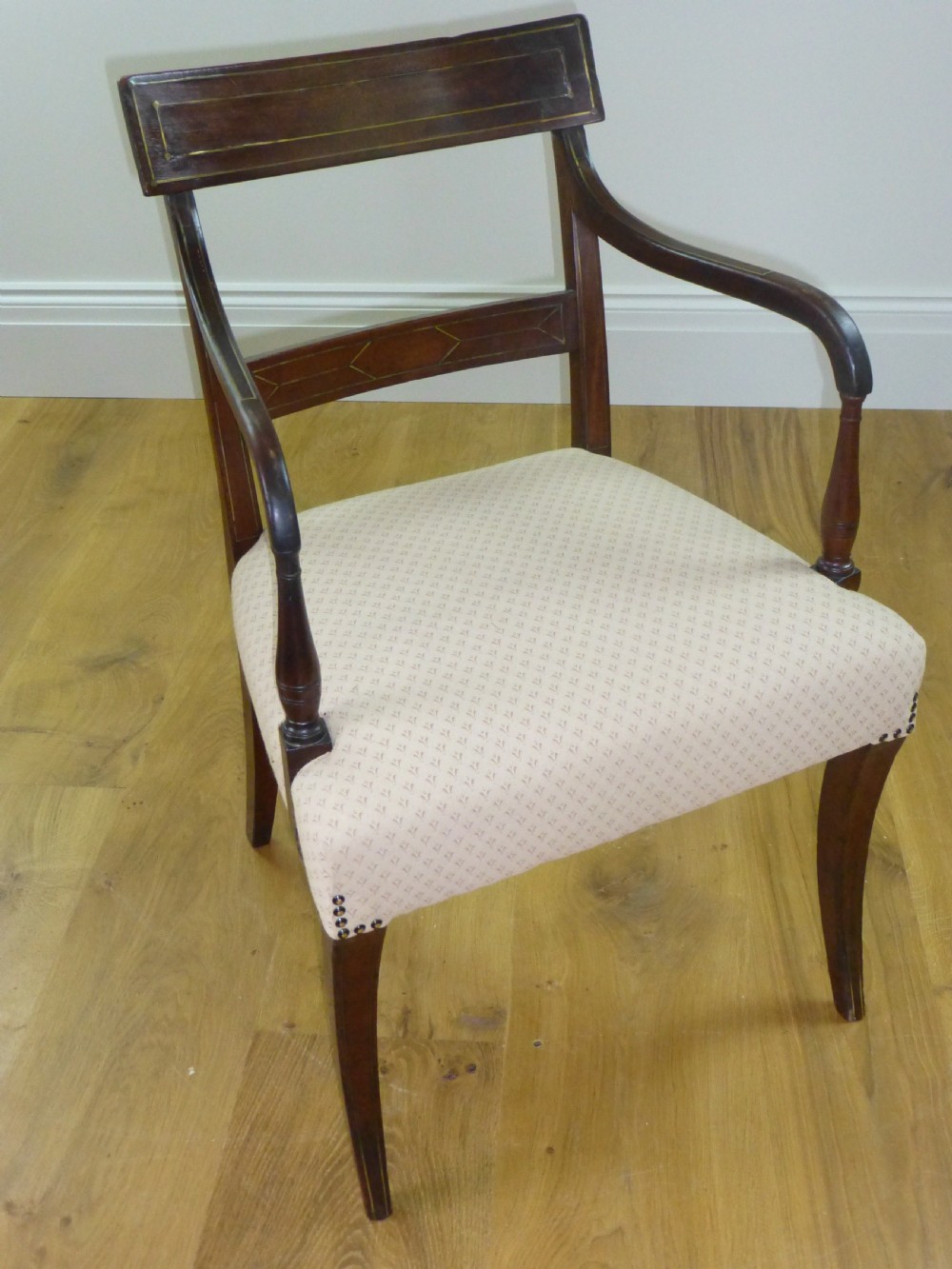 Regency Georgian mahogany brass inlaid desk elbow open hall bedroom dressing table occasional tub office library armchair chair. C.1810. View II
