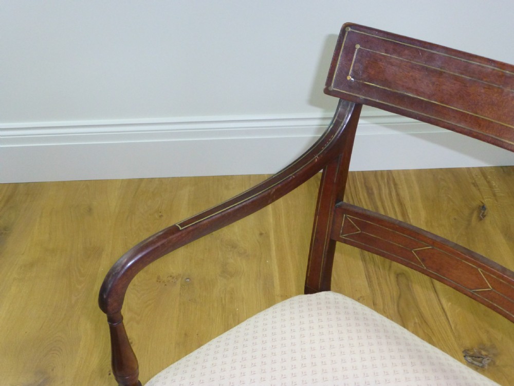 Regency Georgian mahogany brass inlaid desk elbow open hall bedroom dressing table occasional tub office library armchair chair. C.1810. View III