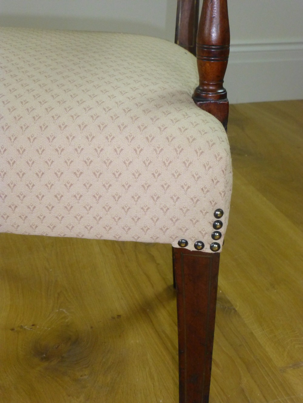 Regency Georgian mahogany brass inlaid desk elbow open hall bedroom dressing table occasional tub office library armchair chair. C.1810. View IV