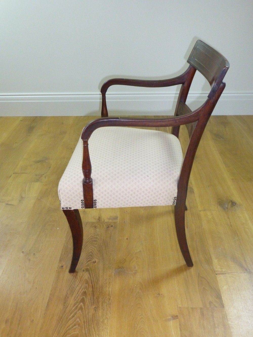 Regency Georgian mahogany brass inlaid desk elbow open hall bedroom dressing table occasional tub office library armchair chair. C.1810. View VI