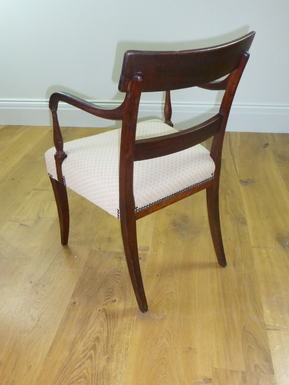Regency Georgian mahogany brass inlaid desk elbow open hall bedroom dressing table occasional tub office library armchair chair. C.1810. View VII