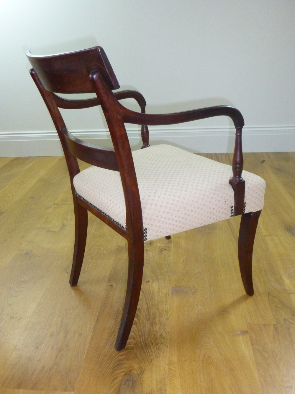 Regency Georgian mahogany brass inlaid desk elbow open hall bedroom dressing table occasional tub office library armchair chair. C.1810. View VIII