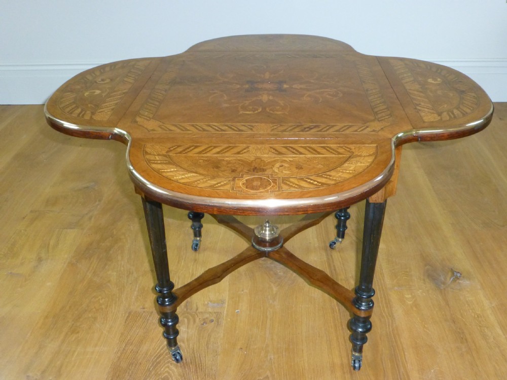 Walnut marquetry drop leaf inlaid low lamp side occasional French gilt mounted inlaid center centre  coffee table. C 1880