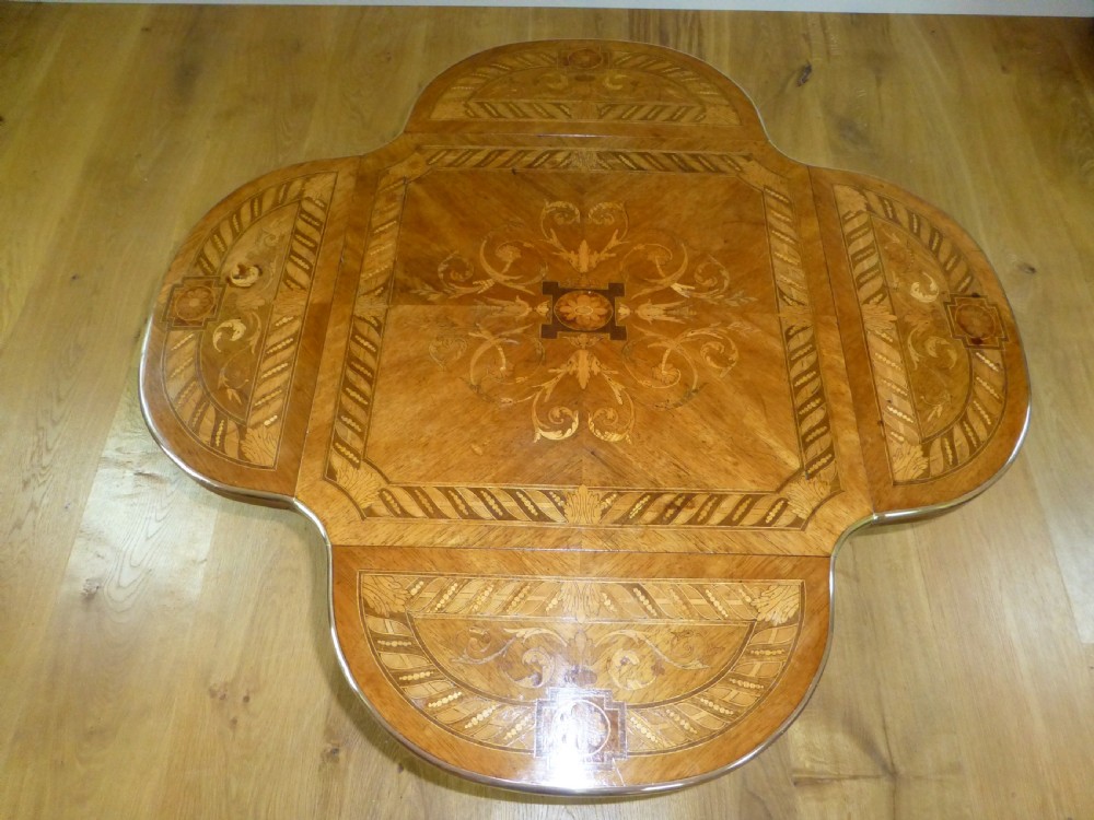 Walnut marquetry drop leaf inlaid low lamp side occasional French gilt mounted inlaid center centre  coffee table. C 1880 View II