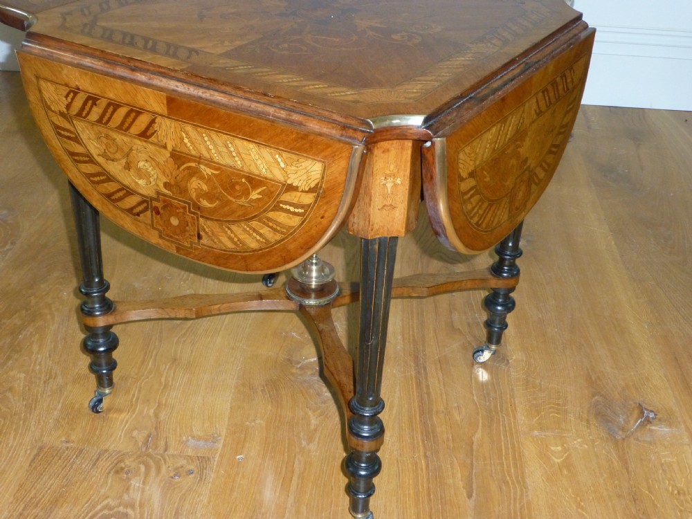 Walnut marquetry drop leaf inlaid low lamp side occasional French gilt mounted inlaid center centre  coffee table. C 1880 View VI