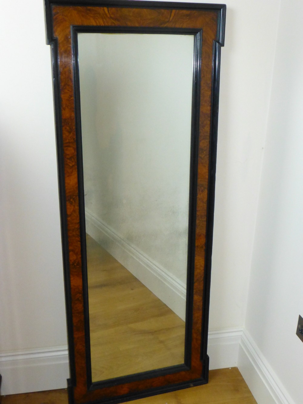 English tall narrow burr walnut and ebonised console cheval over mantel wall pier mirror. C 1880