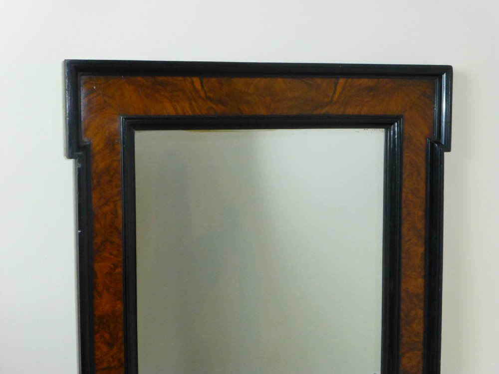English tall narrow burr walnut and ebonised console cheval over mantel wall pier mirror. C 1880 View II