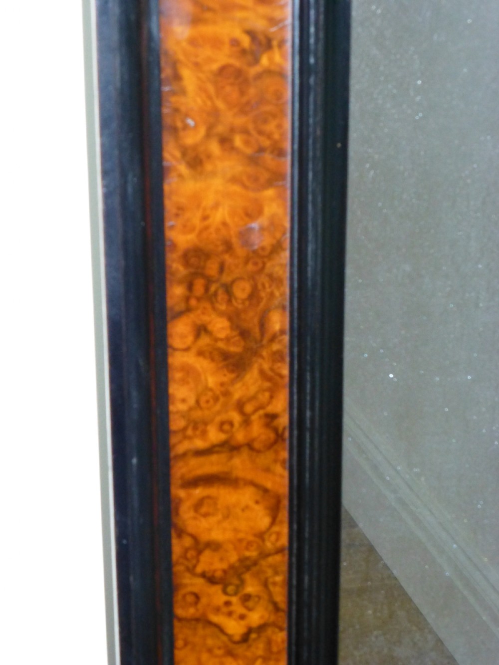 English tall narrow burr walnut and ebonised console cheval over mantel wall pier mirror. C 1880 View III
