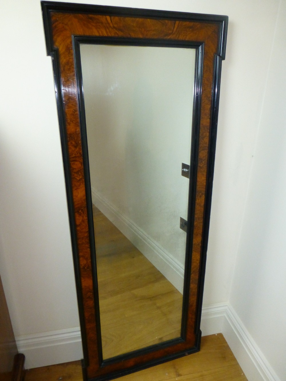 English tall narrow burr walnut and ebonised console cheval over mantel wall pier mirror. C 1880 View IV