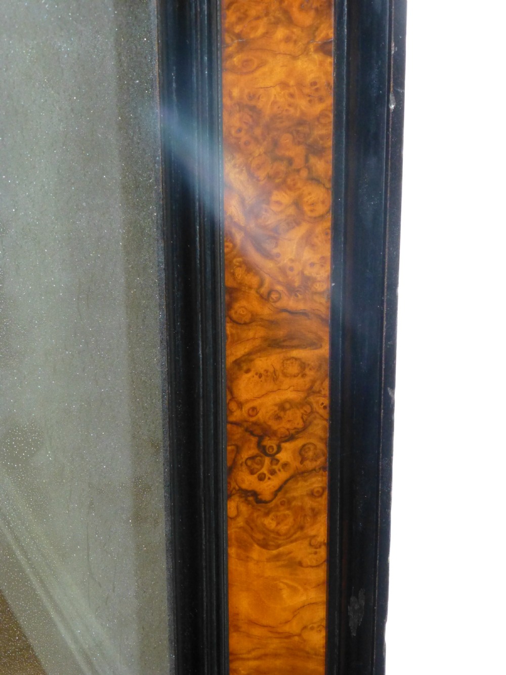 English tall narrow burr walnut and ebonised console cheval over mantel wall pier mirror. C 1880 View V