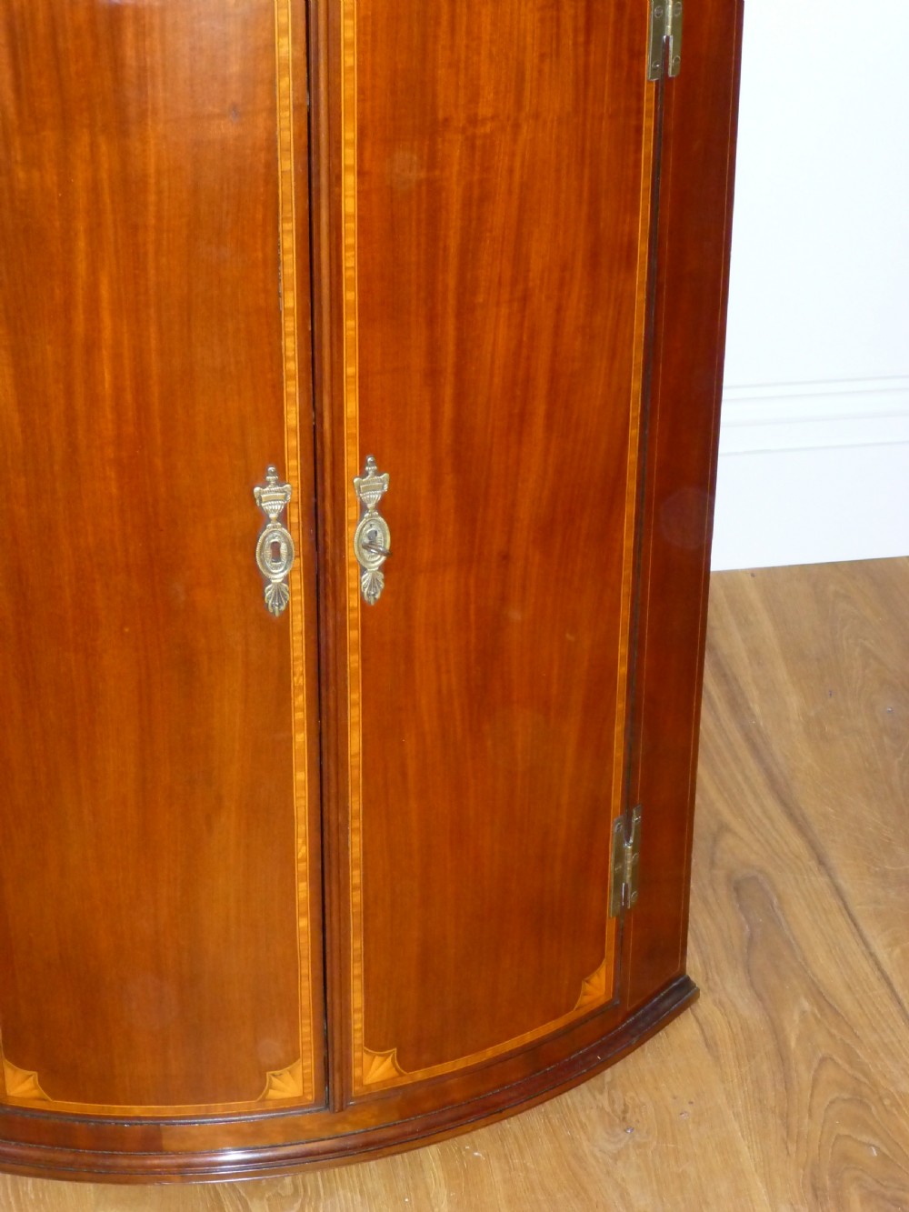 Georgian 18th century mahogany barrel bow front inlaid hanging corner bowfront cabinet cupboard  View III