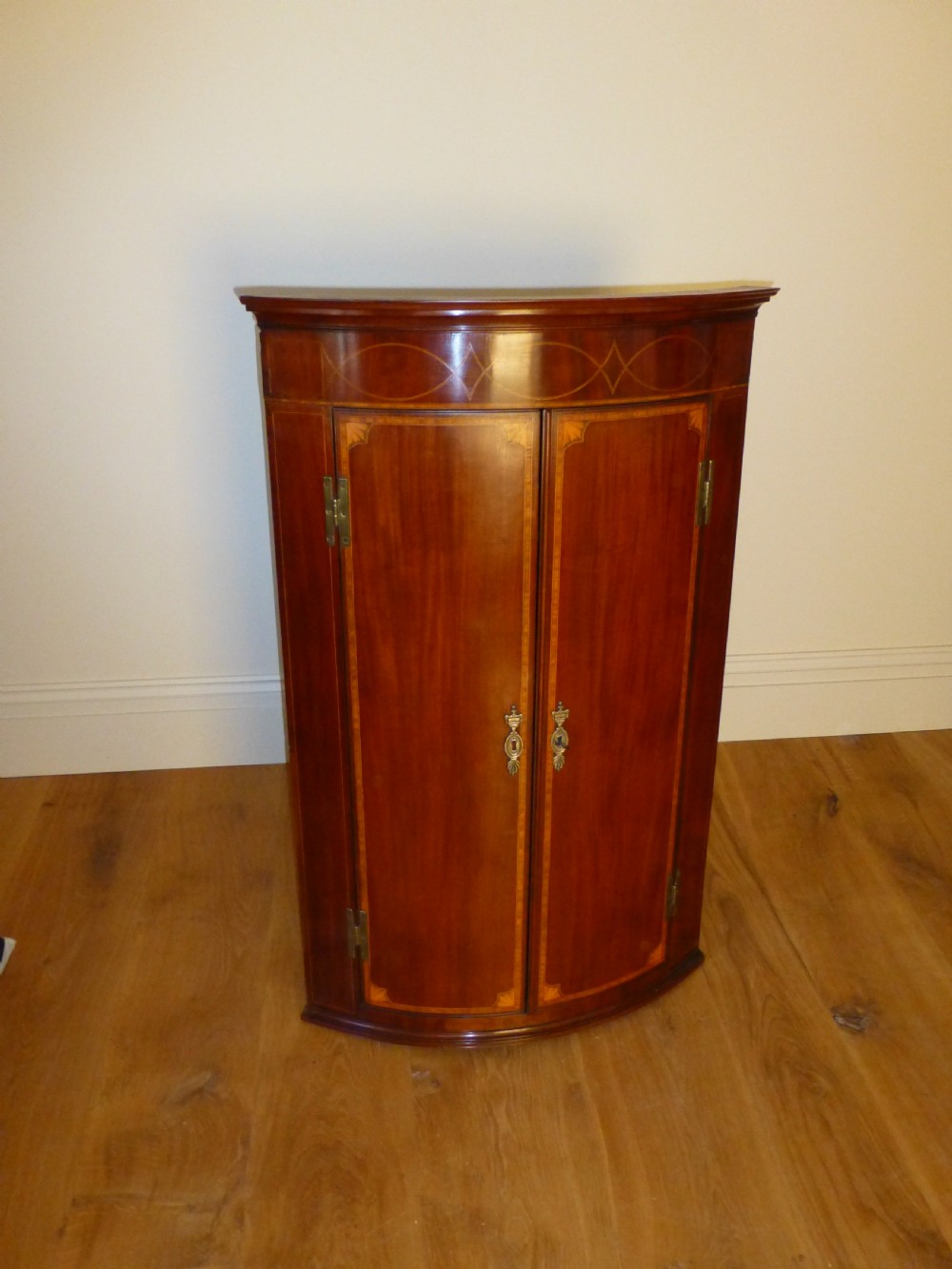Georgian 18th century mahogany barrel bow front inlaid hanging corner bowfront cabinet cupboard  View IV