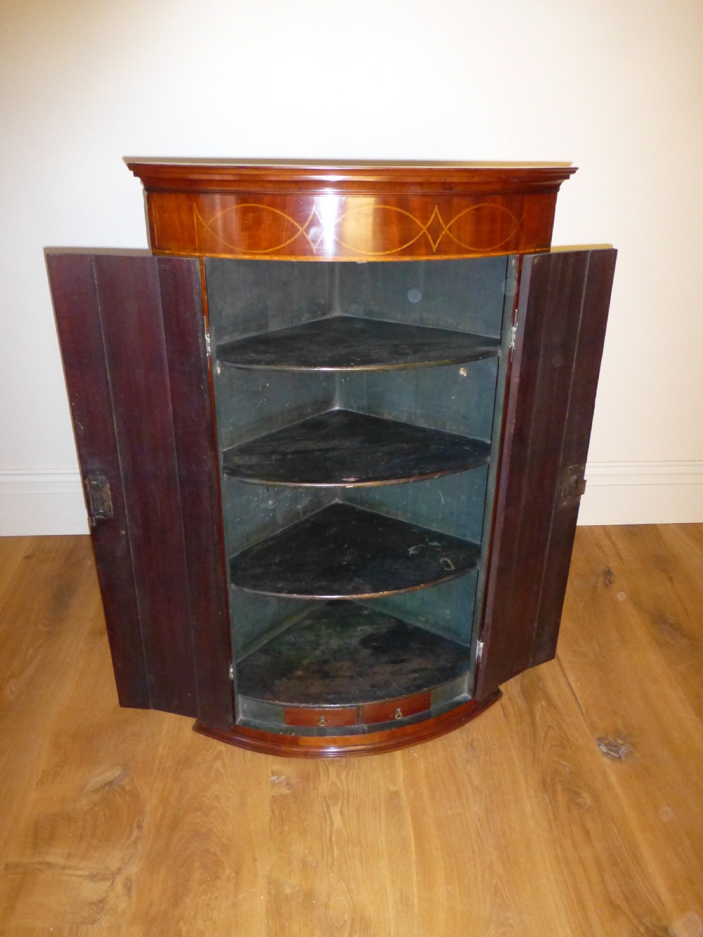 Georgian 18th century mahogany barrel bow front inlaid hanging corner bowfront cabinet cupboard  View VI