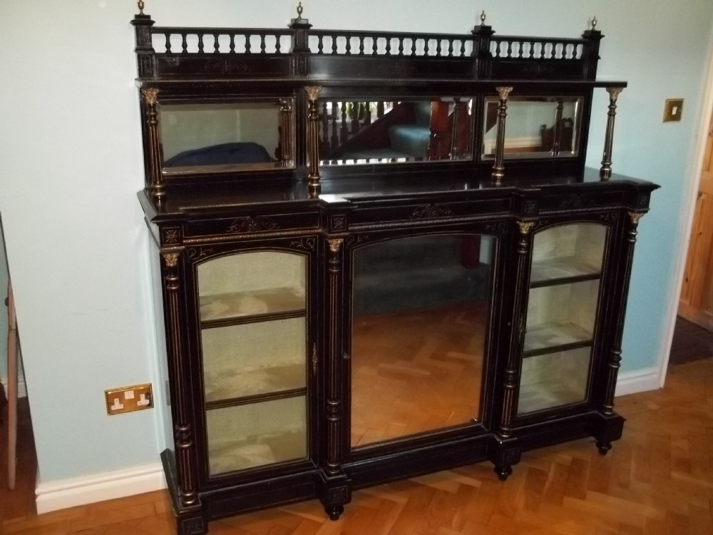 Antique ebony credenza ebonised chiffonier sideboard with gilt bronze mounts and ebonized pillars View III