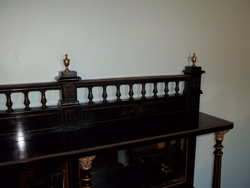 Antique ebony credenza ebonised chiffonier sideboard with gilt bronze mounts and ebonized pillars View IX
