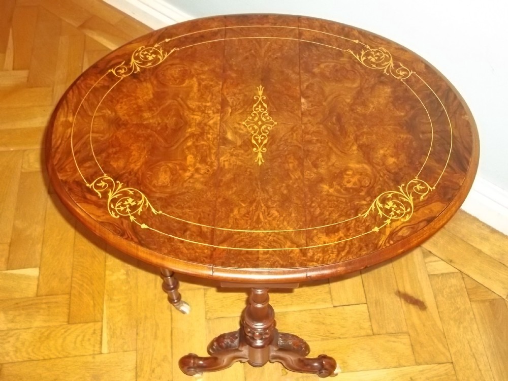 Stunning quality small baby burr walnut marquetry inlaid Sutherland table  View II