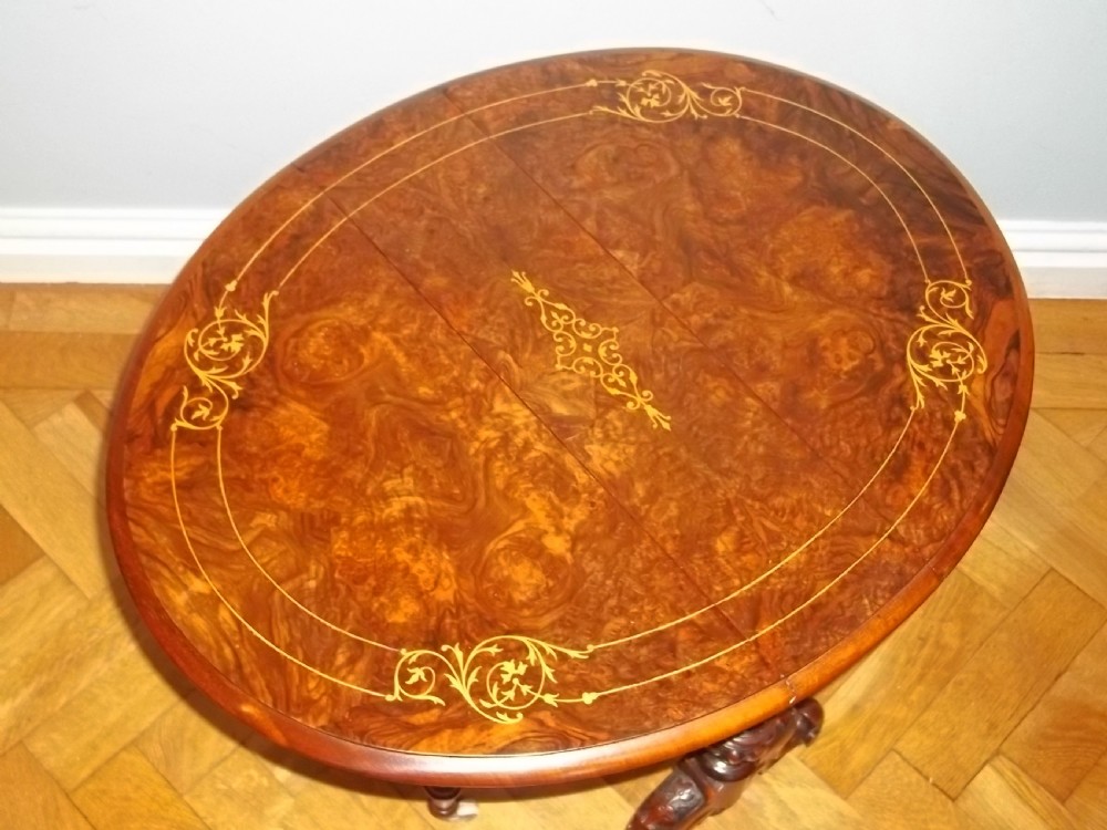 Stunning quality small baby burr walnut marquetry inlaid Sutherland table  View III