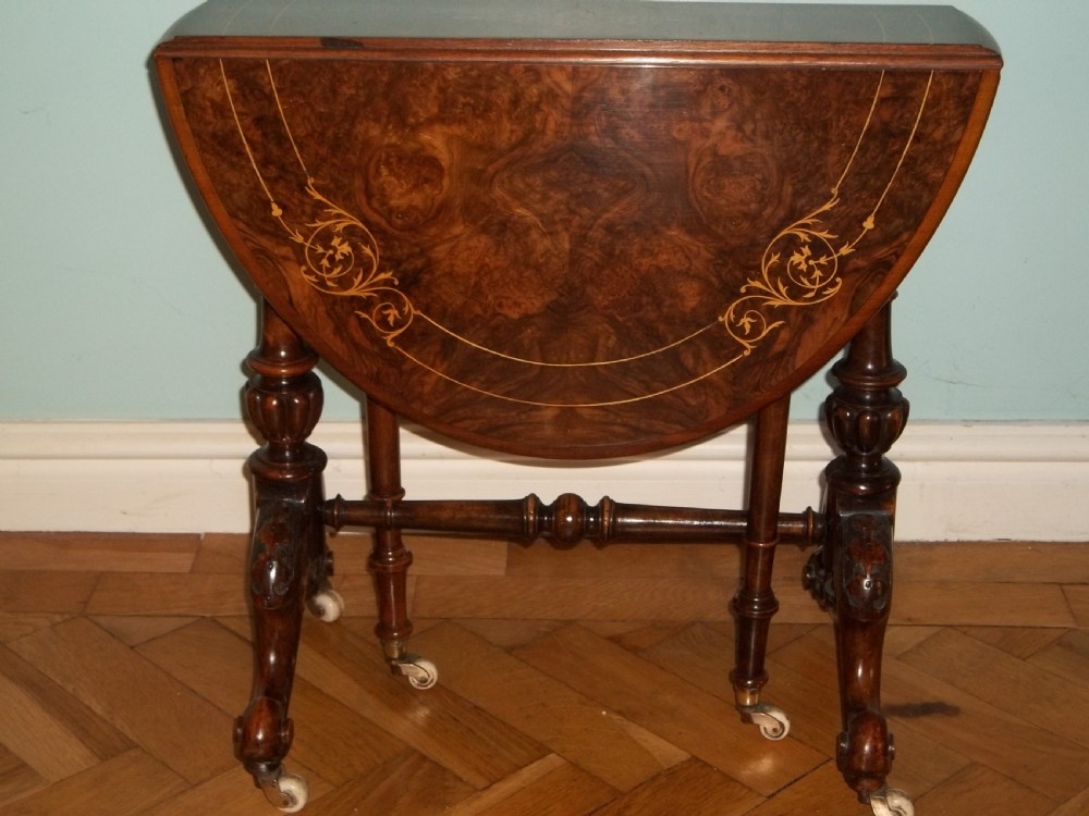Stunning quality small baby burr walnut marquetry inlaid Sutherland table  View IV