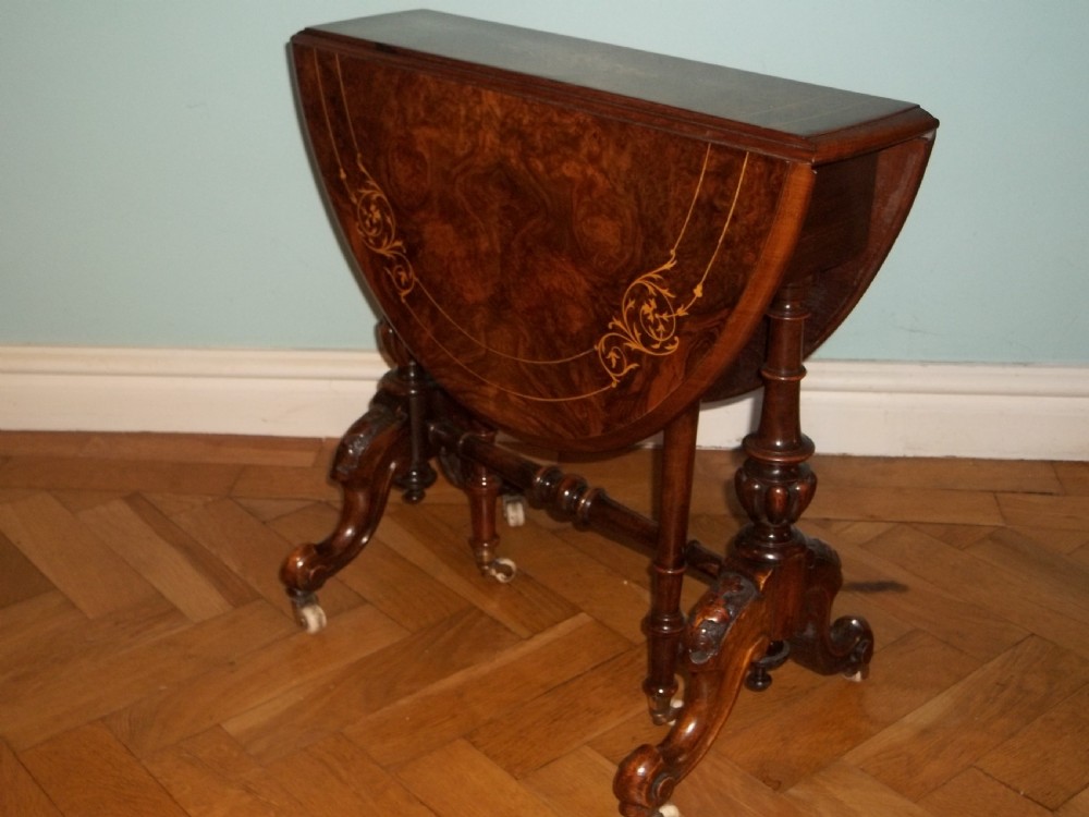 Stunning quality small baby burr walnut marquetry inlaid Sutherland table  View VI