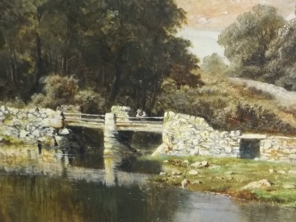 Antique large Welsh oil on canvas painting of a scene titled The Bridge at Capel Curig by Robert Gallon R.A. RSA View II