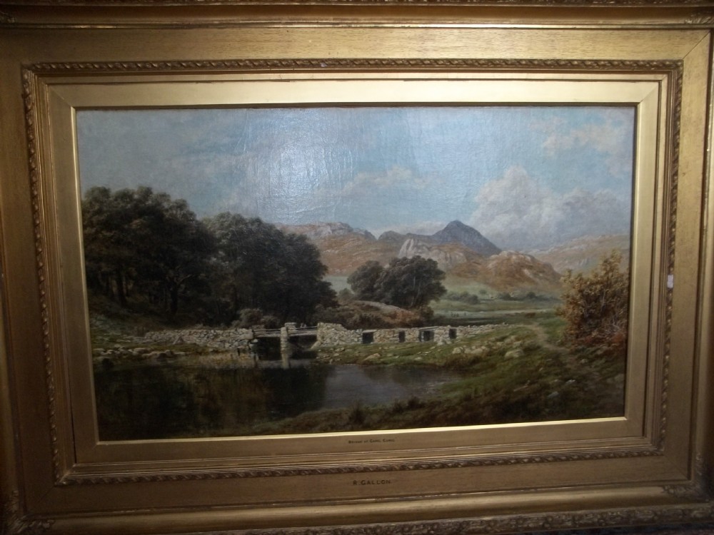 Antique large Welsh oil on canvas painting of a scene titled The Bridge at Capel Curig by Robert Gallon R.A. RSA View III