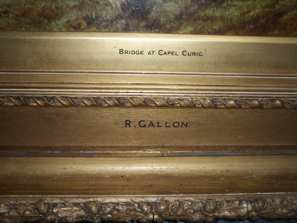 Antique large Welsh oil on canvas painting of a scene titled The Bridge at Capel Curig by Robert Gallon R.A. RSA View V