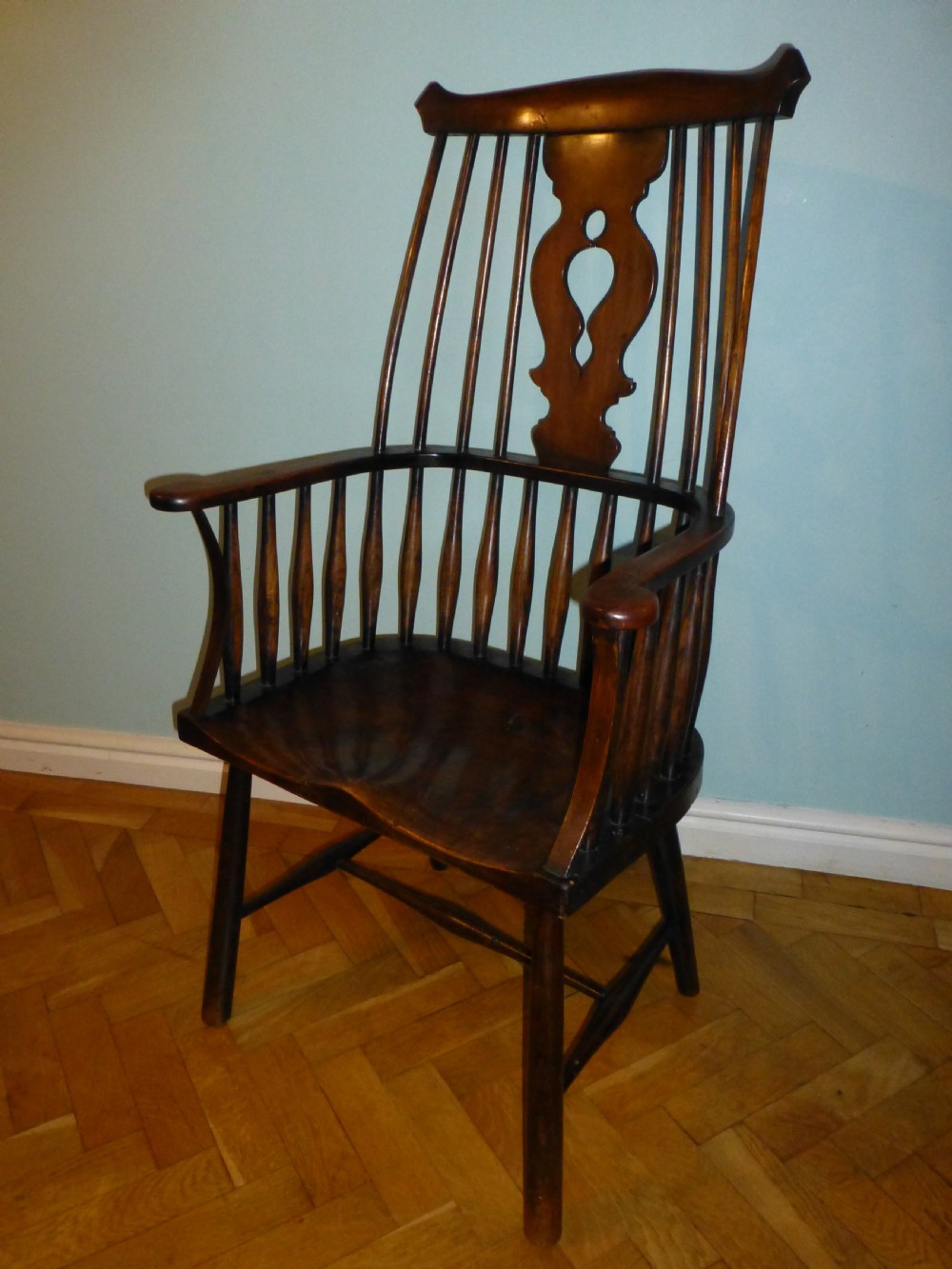 Georgian antique Windsor elm ash and fruitwood lobster pot comb back primitive stick arm chair armchair View II