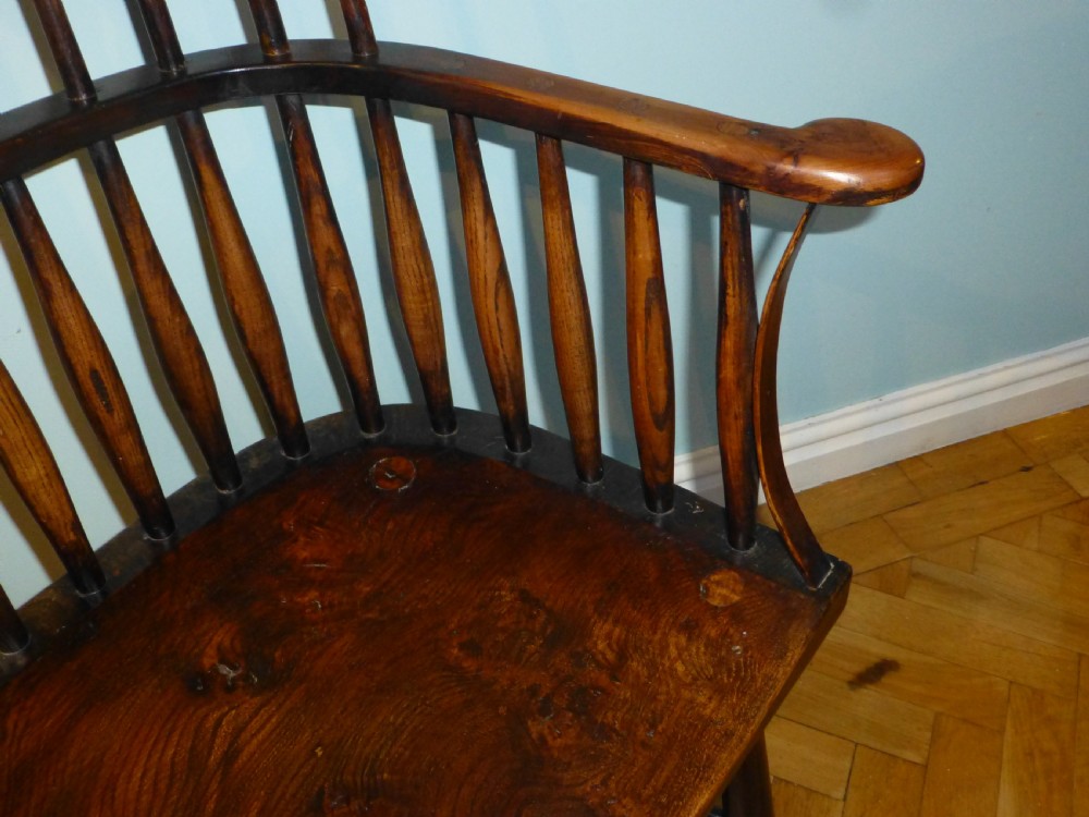 Georgian antique Windsor elm ash and fruitwood lobster pot comb back primitive stick arm chair armchair View V